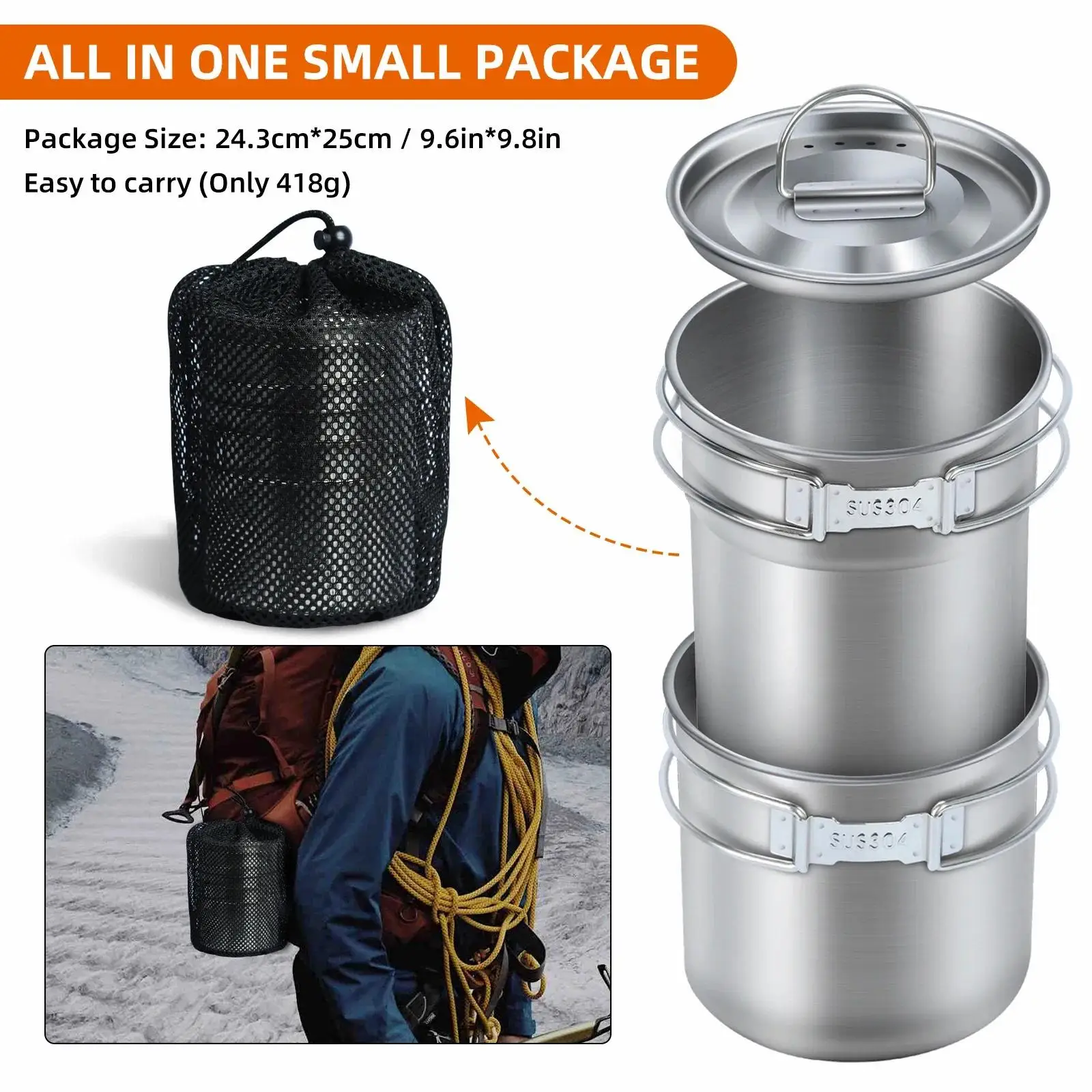 2PCS Outdoor Camping Mugs Portable Compact Stackable Stainless Steel Cups with Foldable Handle for Camping Fishing Backpacing