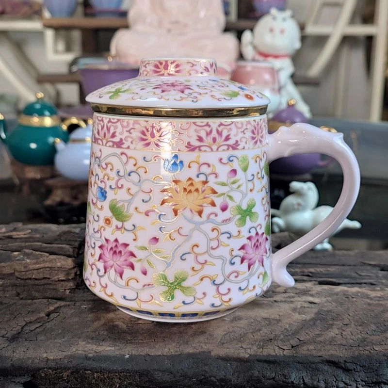 400ml Pink Ceramic Tea Cup Enamel Ribbon Filter Cup High End Household Mug with Lid Jasmine Tea and Green Tea Set Accessories