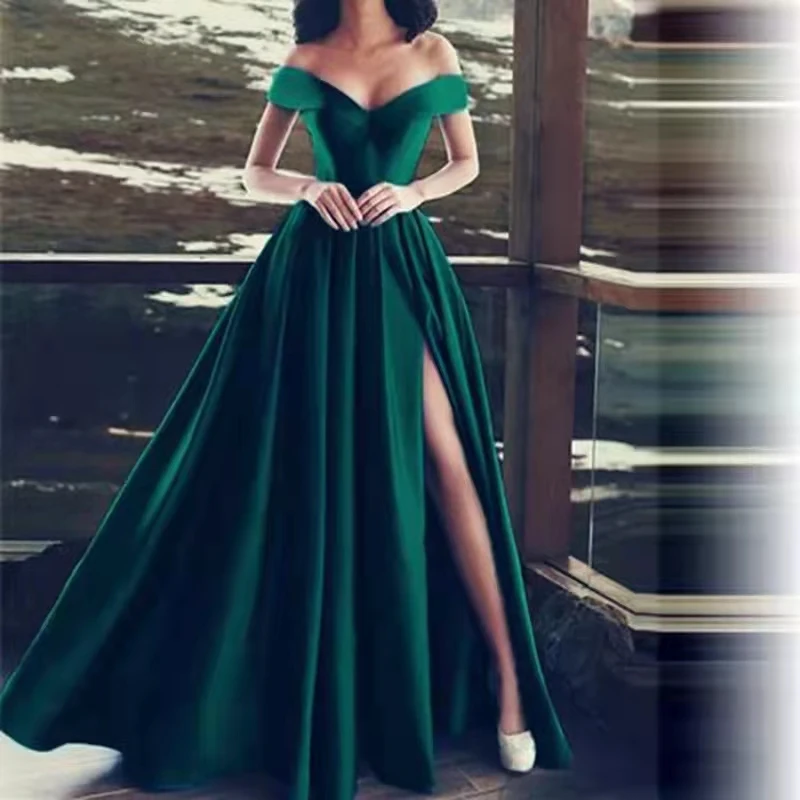 

High Quality Sexy Side Slit Evening Dresses V-Neck Women Party Dress Off The Shoulder Formal Prom Gowns