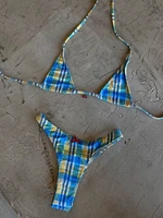 Sexy Blue Plaid Micro Bikini 2025 Women Halter Push Up Bra Bow Thong Swimsuit Summer Holiday Bathing Suit Triangle Swimwear