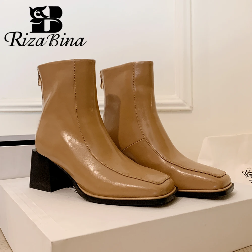

RIZABINA Genuine Leather Women'S Short Boots Square Toe Chunky Heel Ankle Boots Zipper British Style Elegant Chelsea Boots 2023