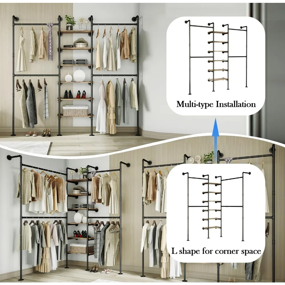 Industrial Pipe Clothes Rack, D&Eacute;COR Wall Mounted Clothing Rack, for Walk-in Wardrobe Multi-Purpose Storage Clothes Hanging Shelf