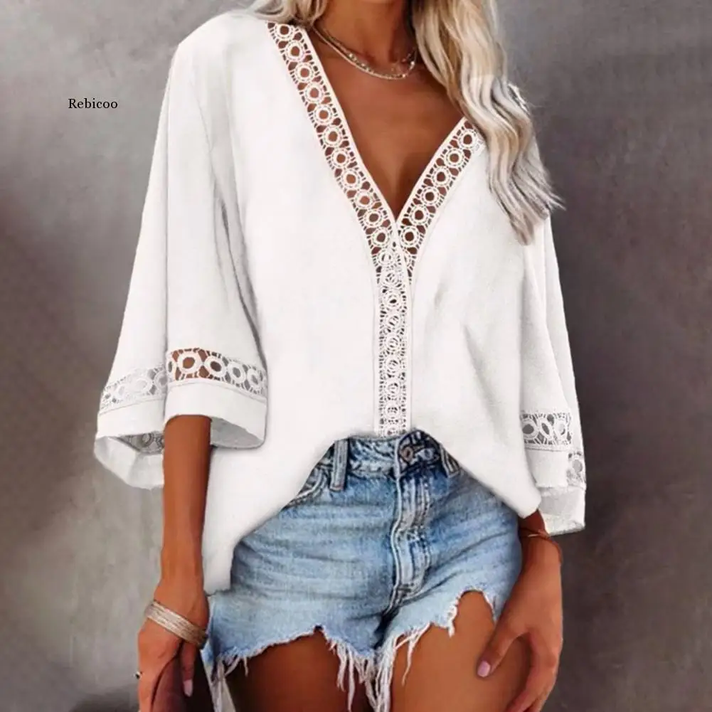 

Hollow Out Bell Sleeve Women Tops Soft 4 Colors Ladies 3/4 Sleeve All-match Blouse Breathable All Match V Neck Tops