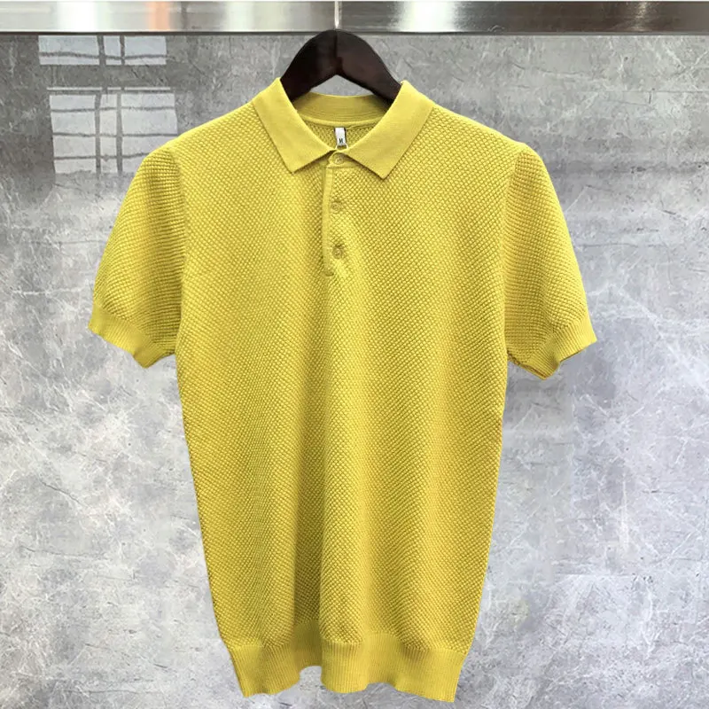 

Summer Man Ice Silk Short Sleeve Knitted Polo Top Quality British Slim Lapel Men Solid Color Polo Shirt Camisa Hombre Polo Shirt