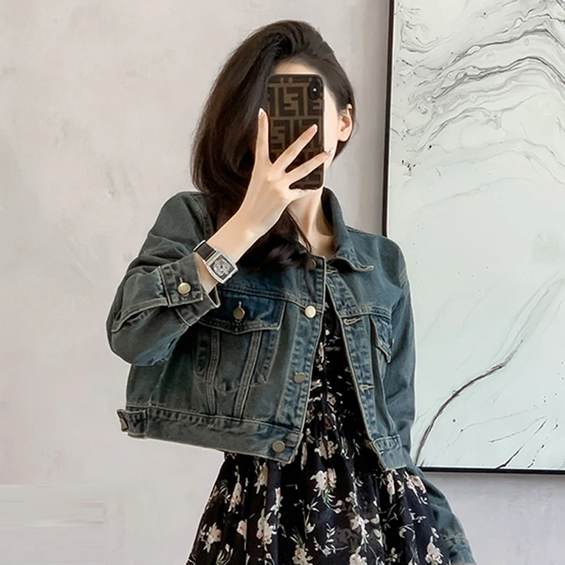 여성용 루즈 빈티지 데님 코트, 주머니가 달린 크롭탑, 레트로 긴 소매 청바지,..