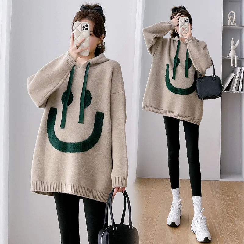 8005# Autumn Winter Knitted Maternity Sweaters Hoodies Loose Shirts Clothes for Pregnant Women Pregnancy Coats Tops