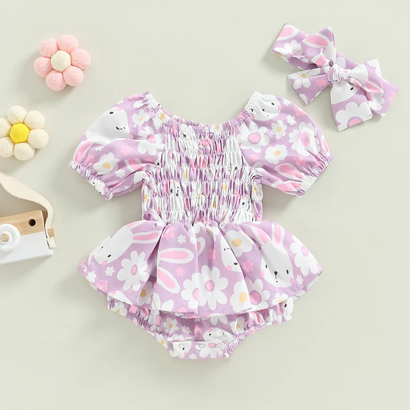 

EWODOS 0-18M Infant Baby Girl Easter Jumpsuit Set Lovely Cartoon Rabbit Print Short Sleeves Ruched Ruffle Bodysuit + Headband