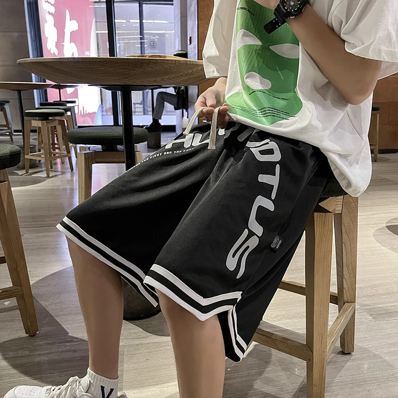 Men Cityboy Ice Silk Loose Shorts Summer Sports Basketball Ins Letters Print Short Pants Knee Length Trainning Drawstring Waist