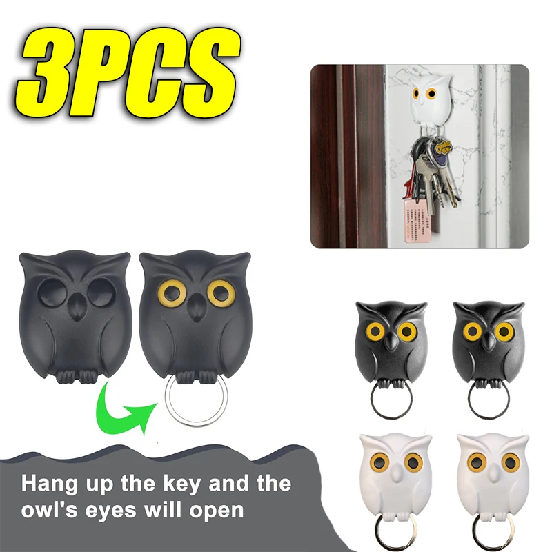 3PCS Owl Shape Key Hook Magnetic Key Hook Eye-opening Wall Kitchen Storage Home Decoration stainless steel hook,adhesive hooks,wall hanger,wall clothes hook,kitchen hook,suction cup hooks,towel hook