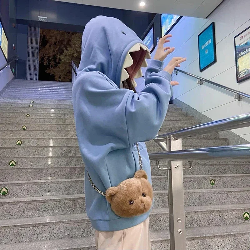 

Funny Shark Patchwork Hoodies Autumn Winter Kawaii Long Sleeve Pullover Tops School Couple Cute Loose Hooded Sweatshirts Clothes