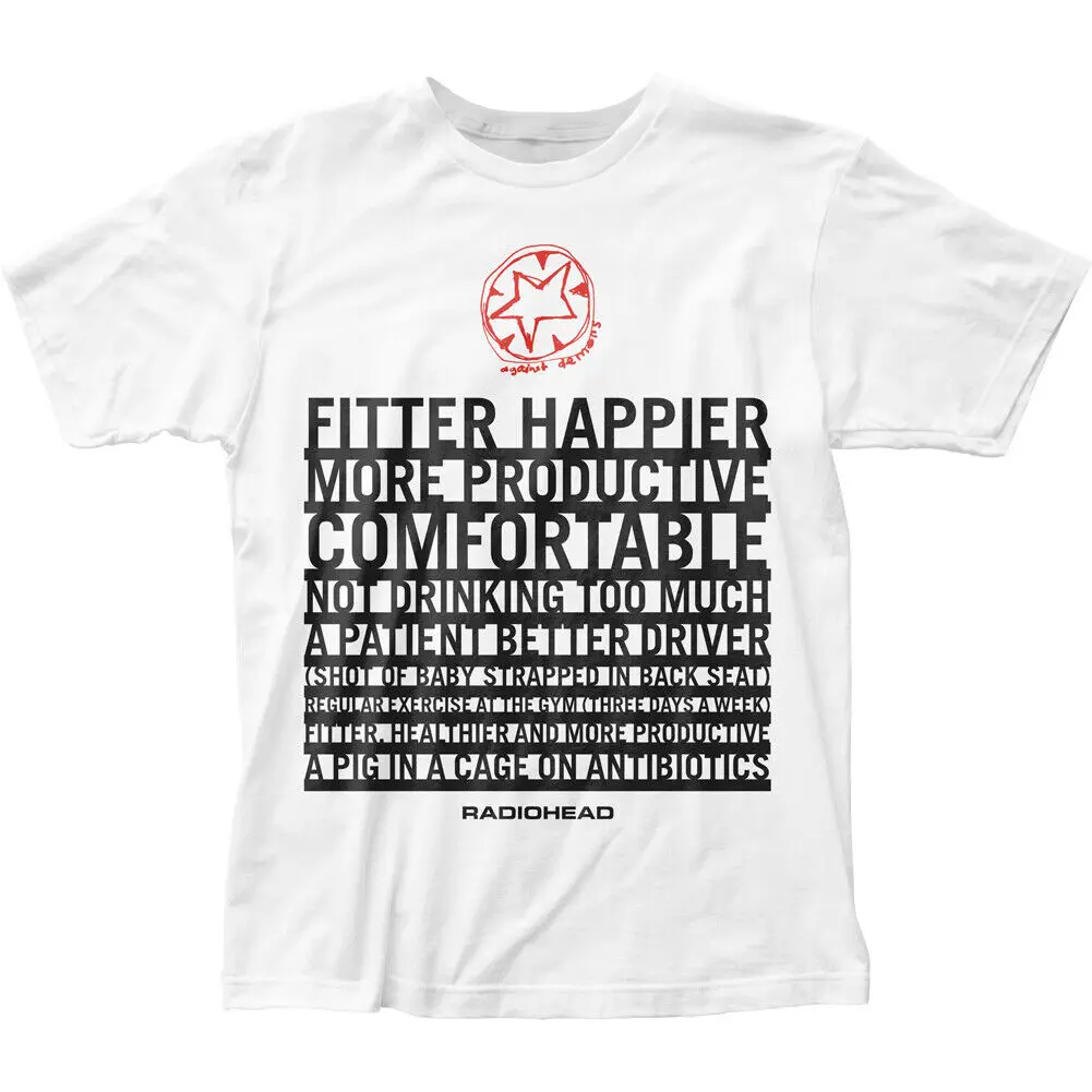 

Radiohead Fitter Happier T Shirt Mens Licensed Rock N Roll Band Retro Tee White