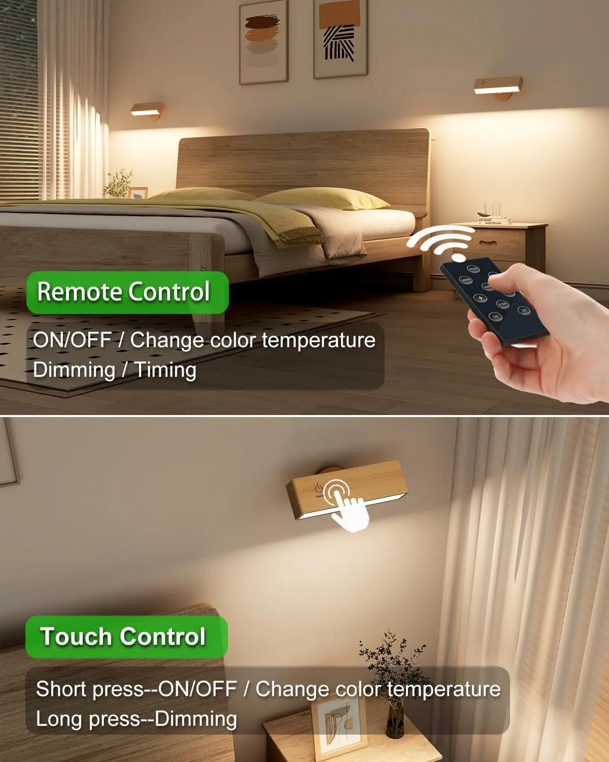 LED Wood Wall Lamp 3 Colors Remote Control 360 Rotate Magnetic Wall Sconce Touchable For Bedroom Cordless Reading Lamp