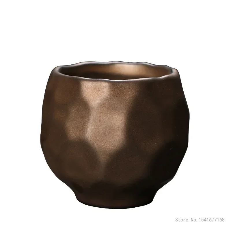 Chinese Style Kung Fu Retro Tea Set, Coarse Pottery, Handmade Ancient Copper Gold Ceramics, Japanese  Coffee Ceramic Teacup, 2Pc