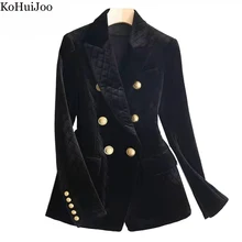 

KoHuiJoo Velvet Blazer Jacket Womens Metal Double Breasted Slim Fashion Spring Autumn Velvet Jacket Coat Turndown Collar Black