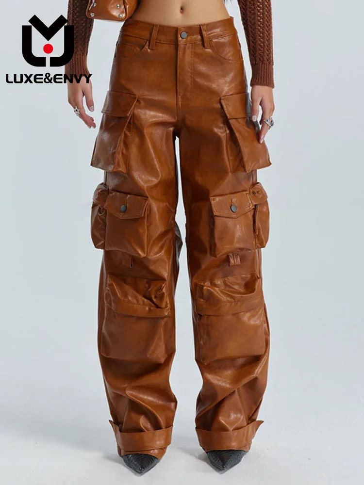 

Fashionable Women's Members Wear Same Multi-pocket Leather Pants 2023 New Loose Fitting 2023 Autumn