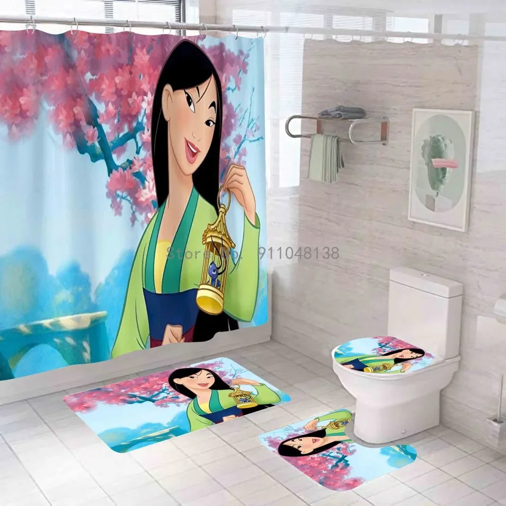 Disney Princess Series 3D Bath Shower Curtain Waterproof Curtains In The Bathroom With Hook Set Soft Bath Mat Toilet Carpet Rugs