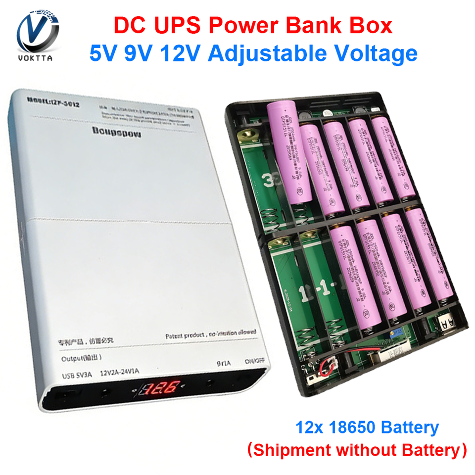 DC UPS 12x18650 Battery Power Supply Box DIY Power Bank Kit 5V 9V 12V Output Optical Modem Router Uninterruptible Power Supply