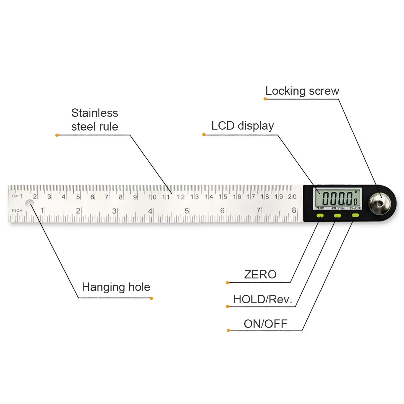 200mm 8'' Digital Protractor Inclinometer Electronic Angle Ruler Goniometer Measurements Stainless Steel Angle Ruler