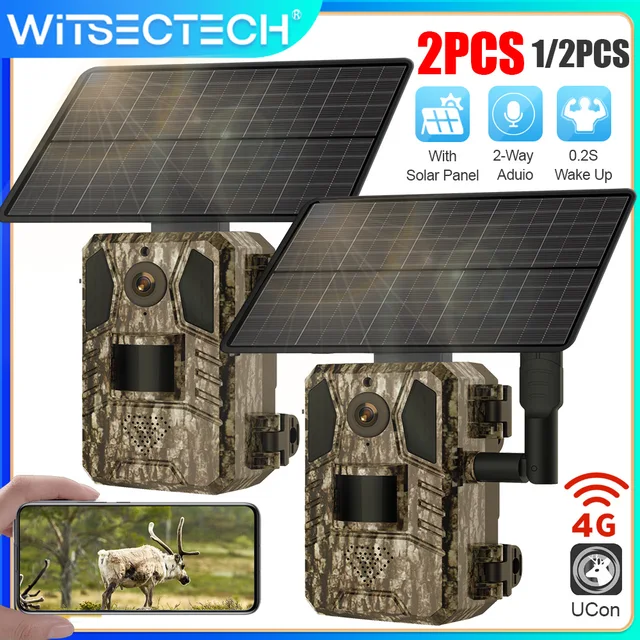 1/2PCS UCon 4G Cellular Trail Camera 2K Solar Hunting Camera Wildlife Security Camera Motion Activated 0.2s Trigger Night Vision 1