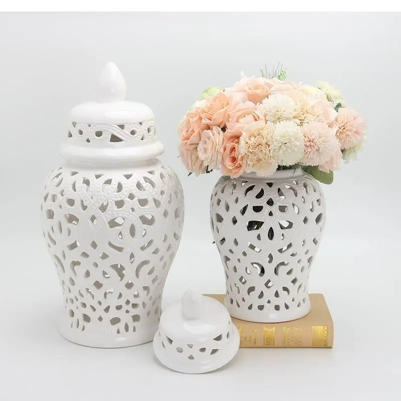 

Pure White with Cover Ceramic Ginger Jar Vase Modern Home Decor Accessories Vintage Hollow Craftsmanship Universal Tank