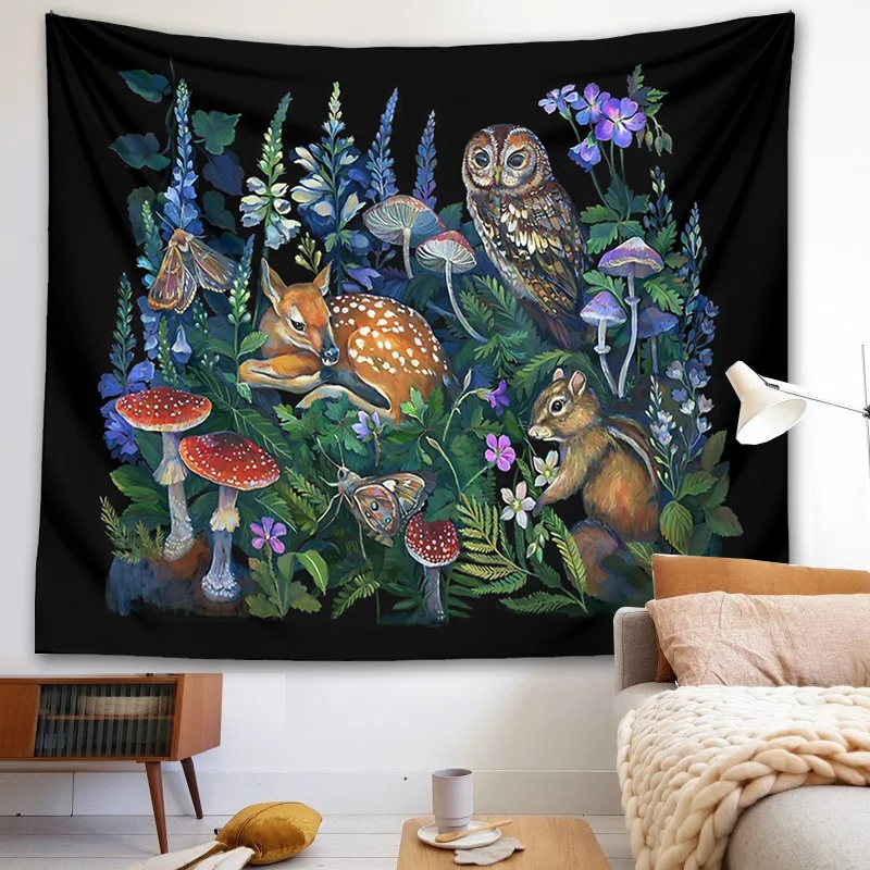 Enchanted Forest Tapestry Wall Hanging Botanical Celestial Mushroom Wild Flower Magic Wall Carpets Dorm Decor Starry Sky Carpet