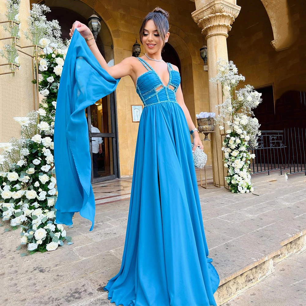 

Prom Gown Charming A-line V Neck Spaghetti Strap Illusion Backless Evening Dresses Hollow Out Party Dress Robe De Soiree