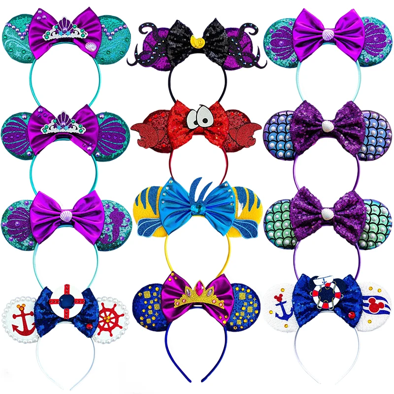 Disney The Little Mermaid Headband Mickey Mouse Ears Headbands For Girls Kids Ariel Hairbands Women Sequins Bow Hair Accessories