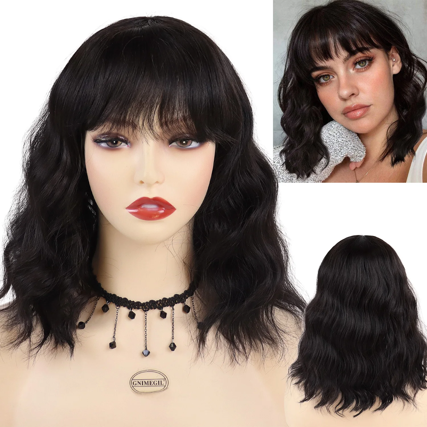 

GNIMEGIL Synthetic Medium Brown Hair Curly Wig with Bangs Natural Fluffy Water Wave Wig for Women Cosplay Halloween Daily Party
