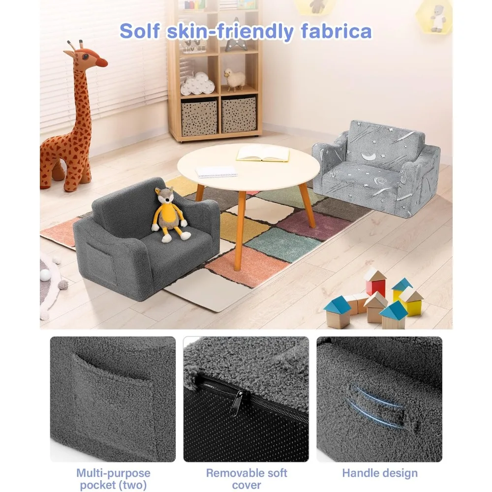 Toddler Couch, 2-in-1 Fold Out Toddler Sofa, Convertible Kids Couch to Lounger, Comfy Kids Sofa Chair for Toddlers 4