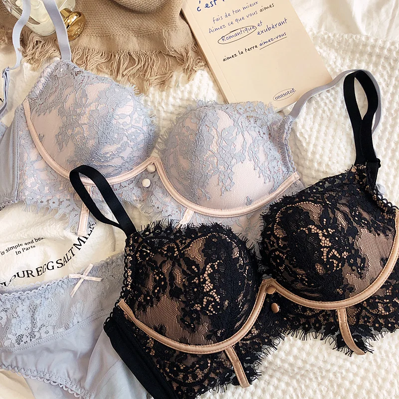 Spitze sexy kleine Brust sammeln Dessous kein Stahlring obere dünne und untere dicke Unterwäsche Set Frauen anpassen BH Höschen_voghion.com