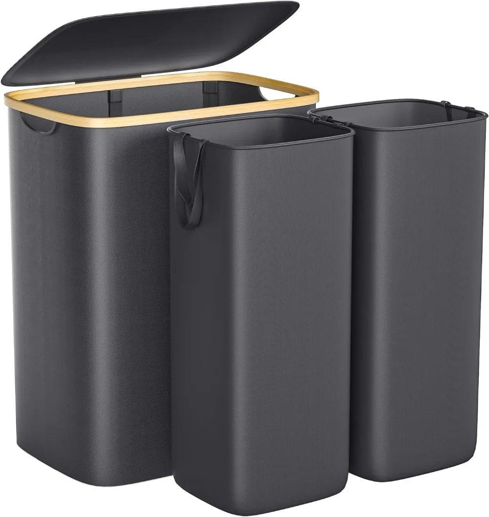 

Большая корзина для белья, водонепроницаемая с крышкой и съемным мешком с бамбуковыми ручками для одежды, игрушек в спальне, ванной, Черная