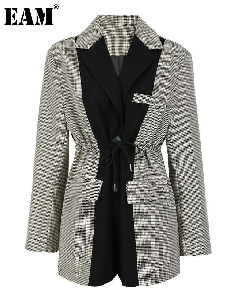 

[EAM] Women Black Plaid Drawstring Big Size Blazer New Lapel Long Sleeve Loose Fit Jacket Fashion Spring Autumn 2024 1DF01870