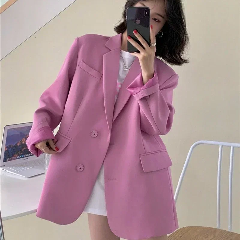 

Loose Blue Jacket Dress Blazer Woman Over Black Long Clothes Outerwears Solid Pink Coats for Women Youthful American Tailoring