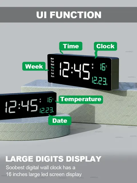 Aierwill N6 Digital Wall Clock 16inch Large Alarm Clock Remote Control Date Week Temperature Clock Dual Alarms LED Display Clock 5