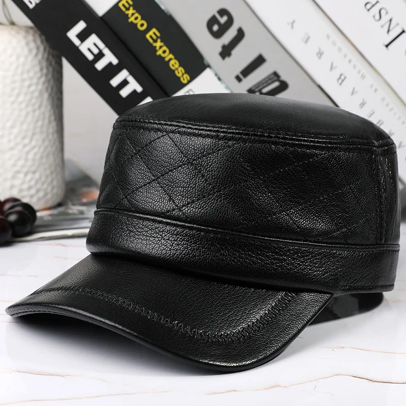 

X7051 Genuine Leather Hat Outdoor Leather Flat Top Military Cap Sheepskin Sunshade Cap Outdoor Snapback Golf Hat Adjustable