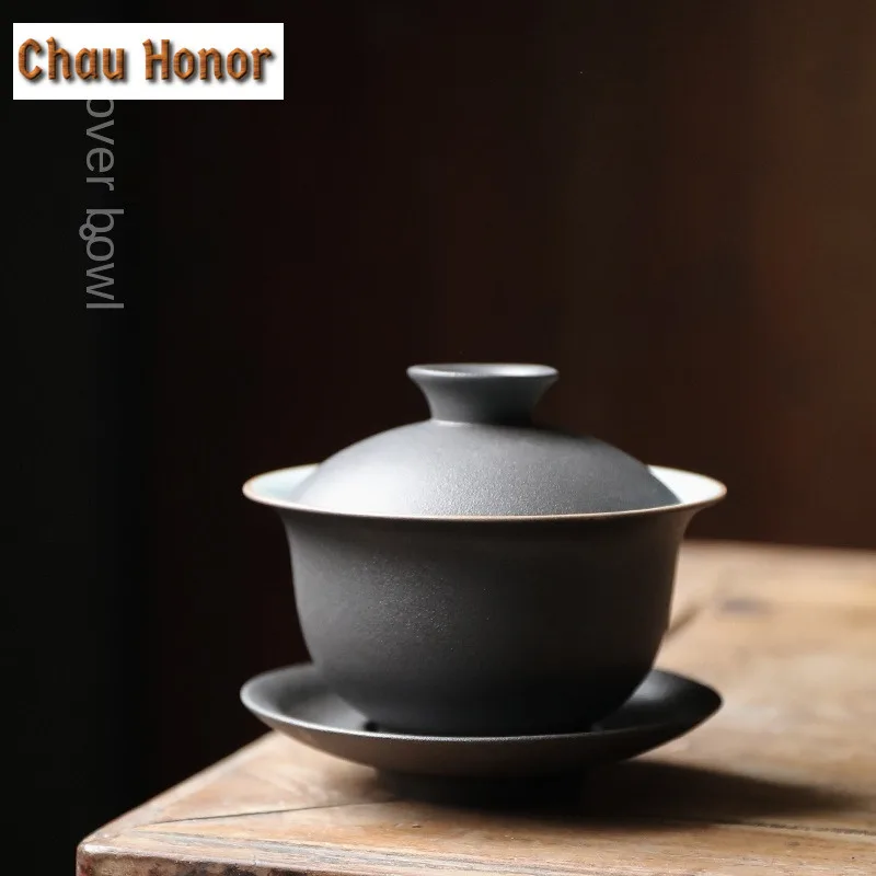 150ml Japanese Style Coarse Pottery Kiln Black Green Cover Bowl Handmade Tea Bowl Kung Fu Tea Set Tea Cup Sancai Cover Bowl