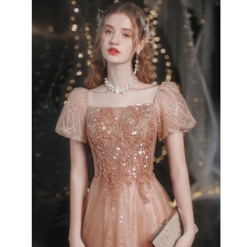 2024 Puff Sleeves Boat Neck Long Elegant A Line Gold Tulle Formal Evening Women Prom Party Banquet vestido de festa