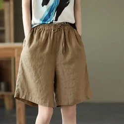 2024 New Summer Fashion Loose Cotton Linen Elastic Waist Women Bermuda Half Long Basic Shorts Plus Size High Waist Short Pants