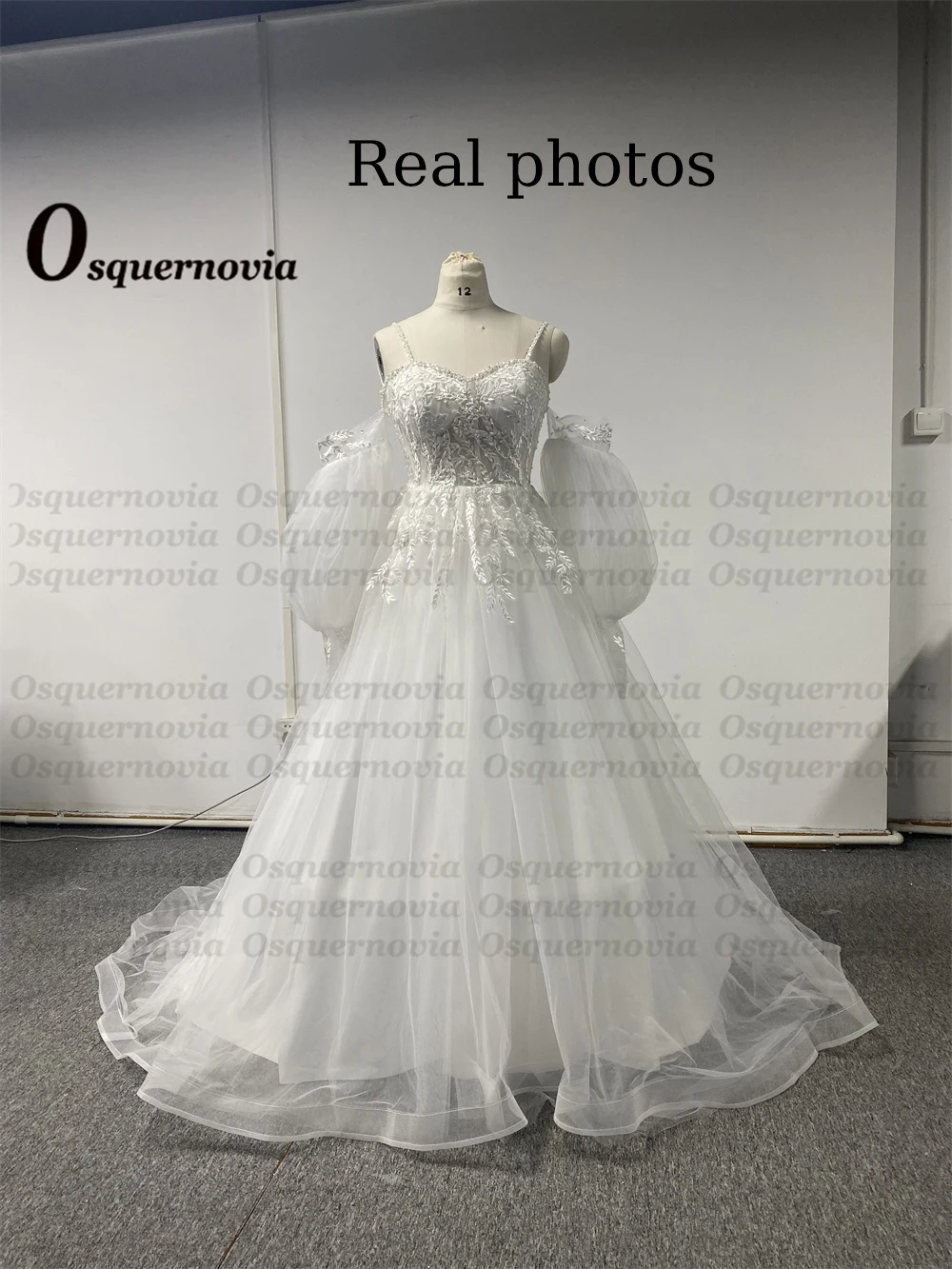 Osquernovia White Wedding Dresses Beads Appliques Vestidos De Novia Luxury Spaghetti Strap Puffy Sleeve A-Line Robe de mariee 4