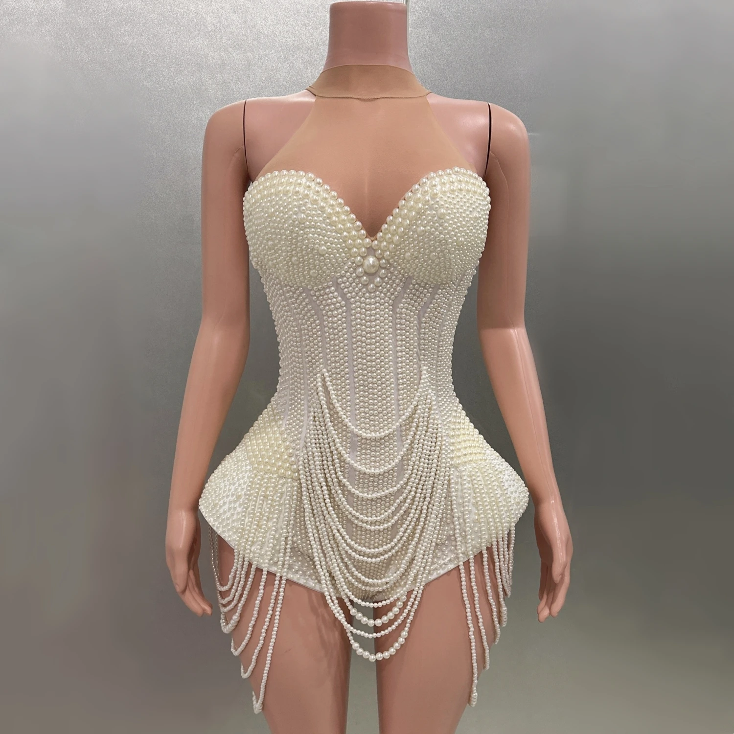 

Luxury Pearls Beading Sexy Halter Backless Bodysuit Evening Party Performance Costume Bar Nightclub Singer Dancer Stage Wear