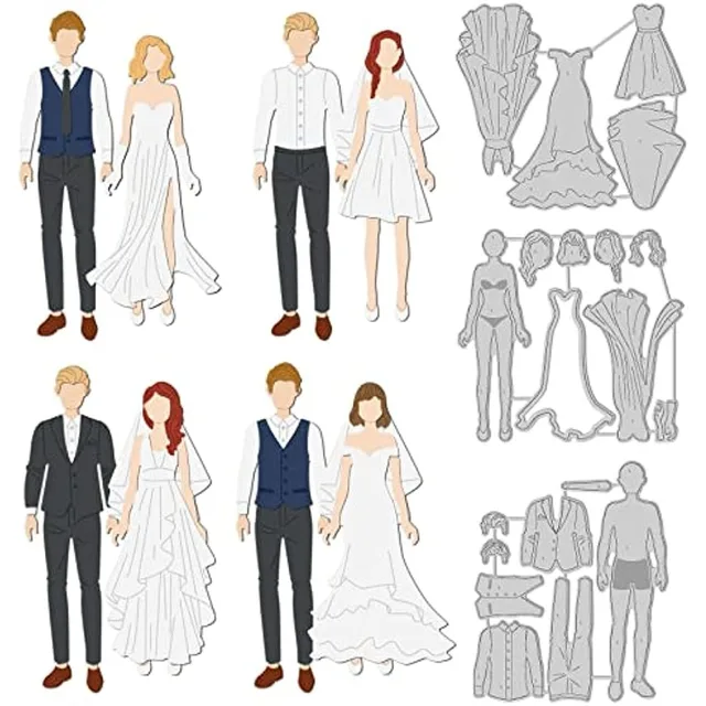 [오케이나우ㅣ강추] 웨딩 드레스 업 컷 다이, 결혼 커플 커팅 다이, 우아한 신부 및 신랑 금속 엠보싱 스텐실, 카드 제작 장식 [오케이나우ㅣ추천]