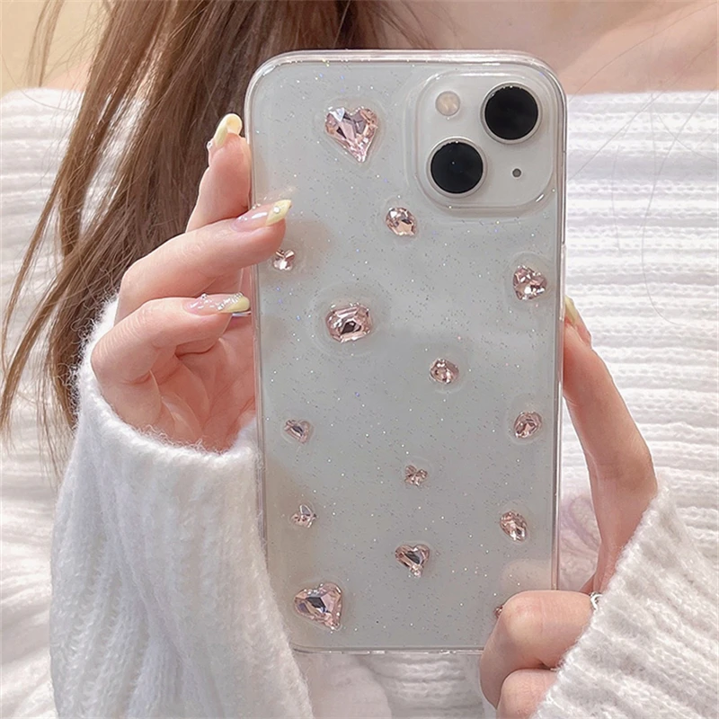 Glitter Pink Diamond Heart Epoxy Phone Case - Clear Silicone Cover