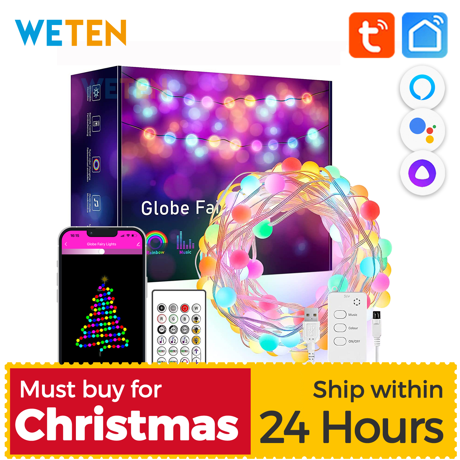 Tuya Wifi LED Strip Light Dream Color RGB Tape Ambient Decor Lamp, Music Sync USB 5V, Smart Life App Work with Alexa Google Home