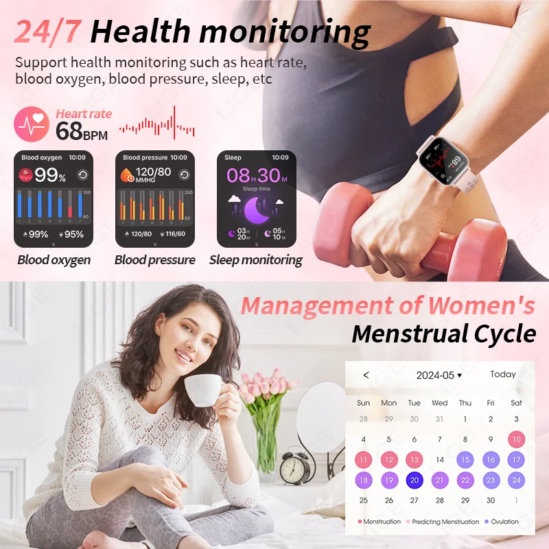 LIGE 2025 New 1.83 Inch Fashion Women Smart Watch Heart Rate Health Monitor Sports Bracelet BT Calling Smartwatch Woman Men+Box