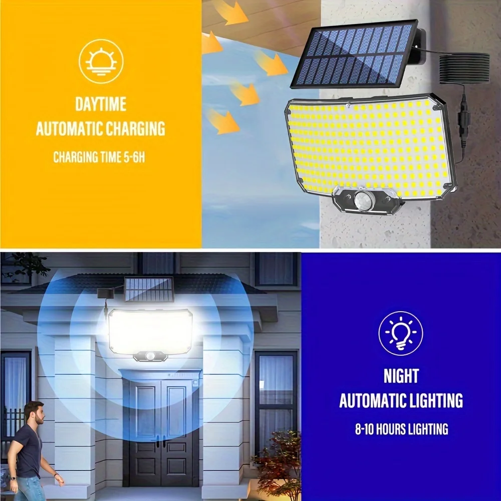 2 Stück/1 Stück 234 LEDs Solarleuchte für den Außenbereich, 3 Modi, Bewegungsmelder, superhelles Sicherheitsflutlicht, geteiltes 9,84 Fuß langes Kabel – Detail 5