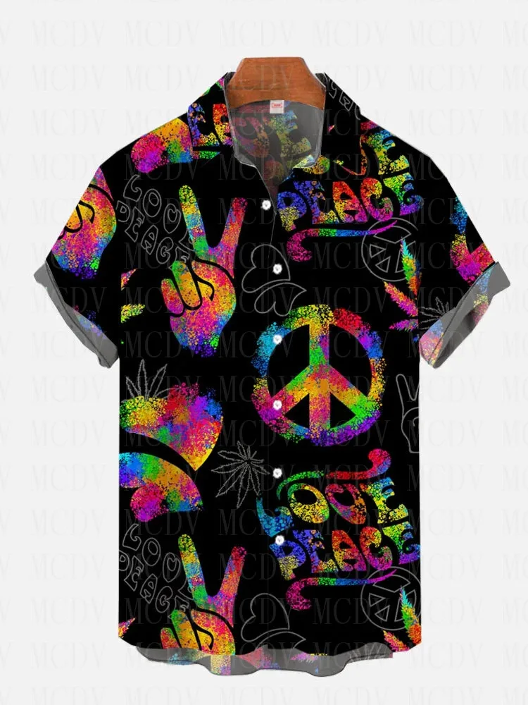 

Psychedelic Neon Light Love And Peace Hippie Symbols Printing Short Sleeve Shirt Hawaiian Shirts