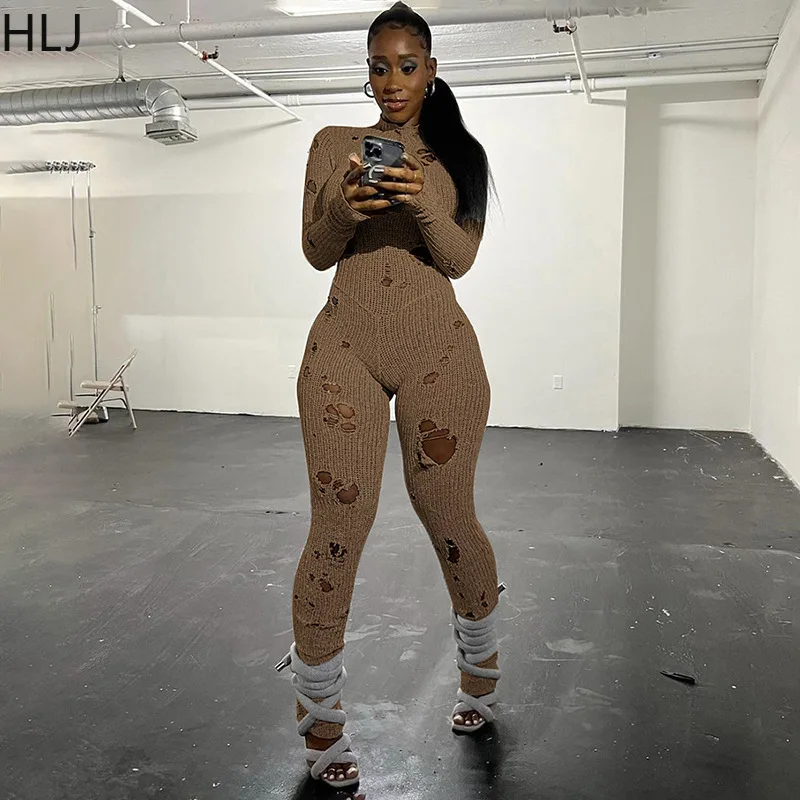 HLJ Sexy Knitting Hole Bodycon Jumpsuits Women Round Neck Long Sleeve Slim Hollow Out Slim Playsuits Female Solid Sporty Rompers