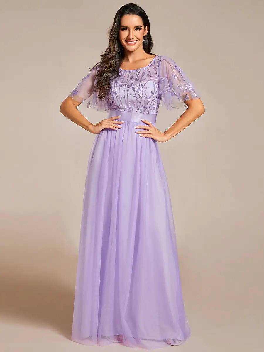 Gorgeous Evening Dresses round neckline ruffle sleeves girdling  Floor-Length 2025 Ever Pretty of Lavender Bridesmaid dress - AliExpress