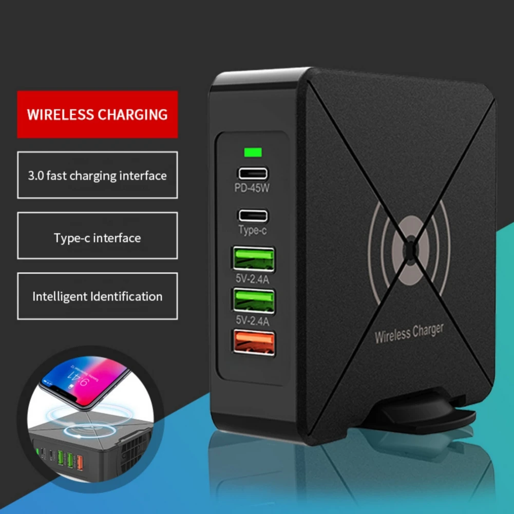 

5-Port Wireless Fast Charger EU/US/UK/AU Plug PD75W USB C Charger QC3.0 Quick Charging Station for Multiple Devices Power Supply