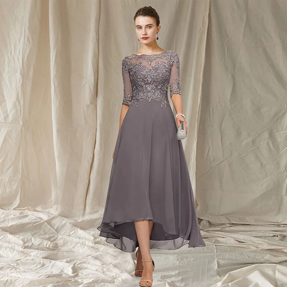 

Sparkle Half Sleeve Mother of Bride Dresse Scoop Chiffon Wedding Party Gown with Lace Ankle Length Zipper Back Vestido De Noche